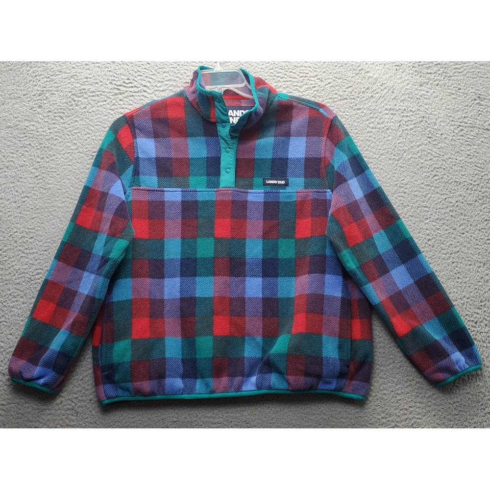 Lands' End Fleece Jacket Youth Large Multi‎ Plaid Long Sleeve 1/4 Snap Front EUC